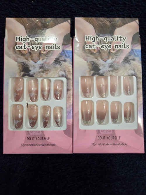 Cat's Eye Nail Nude Glitter French sister sets - warm and cool nude cat eye press-on nail sets side by side