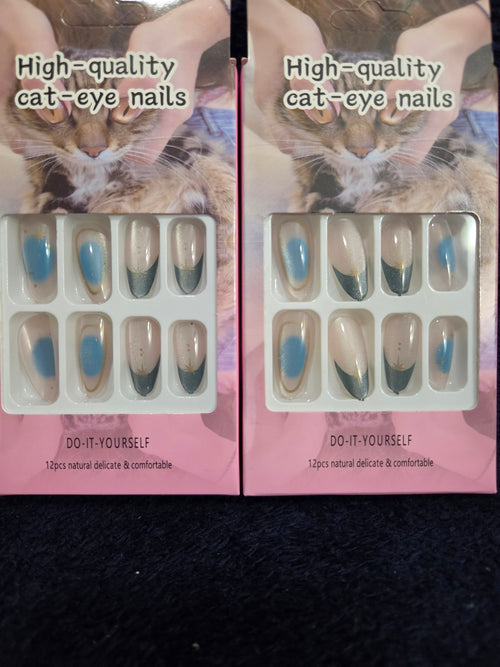 Cat's Eye Nail Blue & Charcoal French sister sets - sheer nude cat eye base with powder blue ombre and deep charcoal V-tip French press-on nail sets side by side