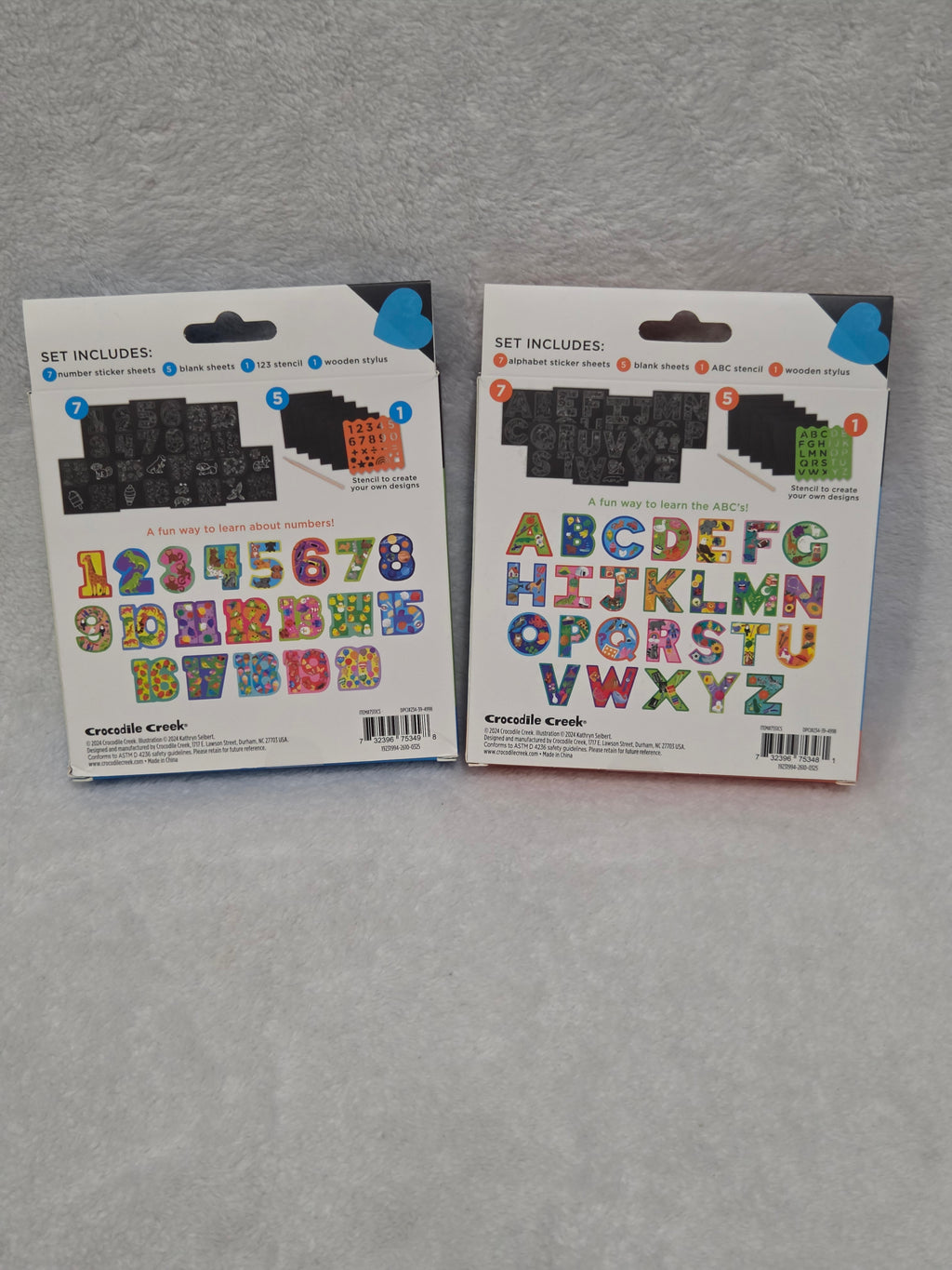 Crocodile Creek ABC and 123 Scratch Art Stickers — back of box showing set contents