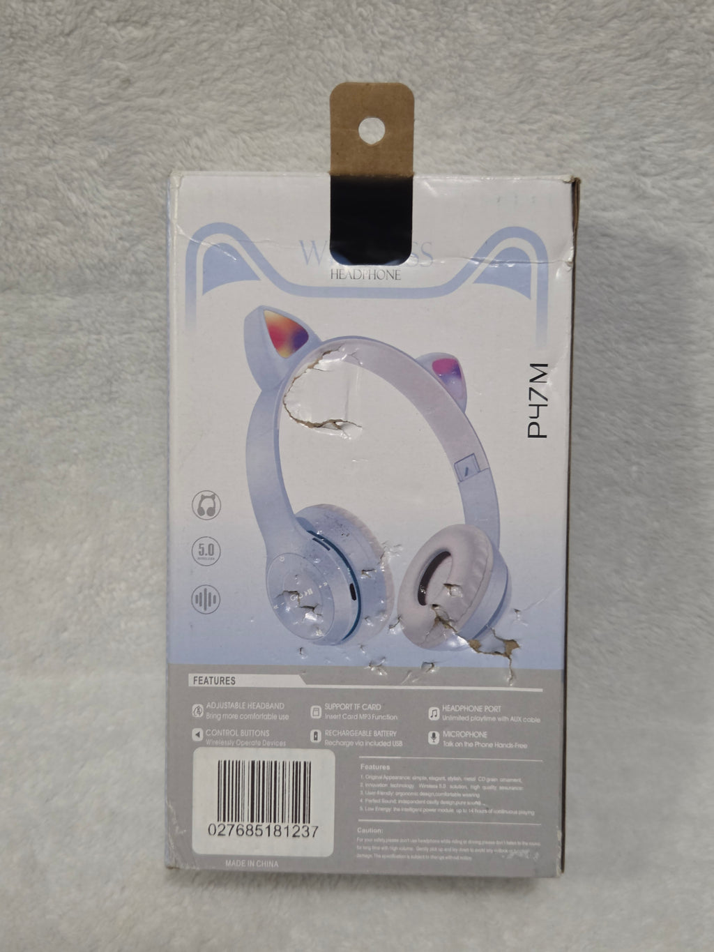 Cat Ear Wireless Headphone P47M Lavender — back of box with features