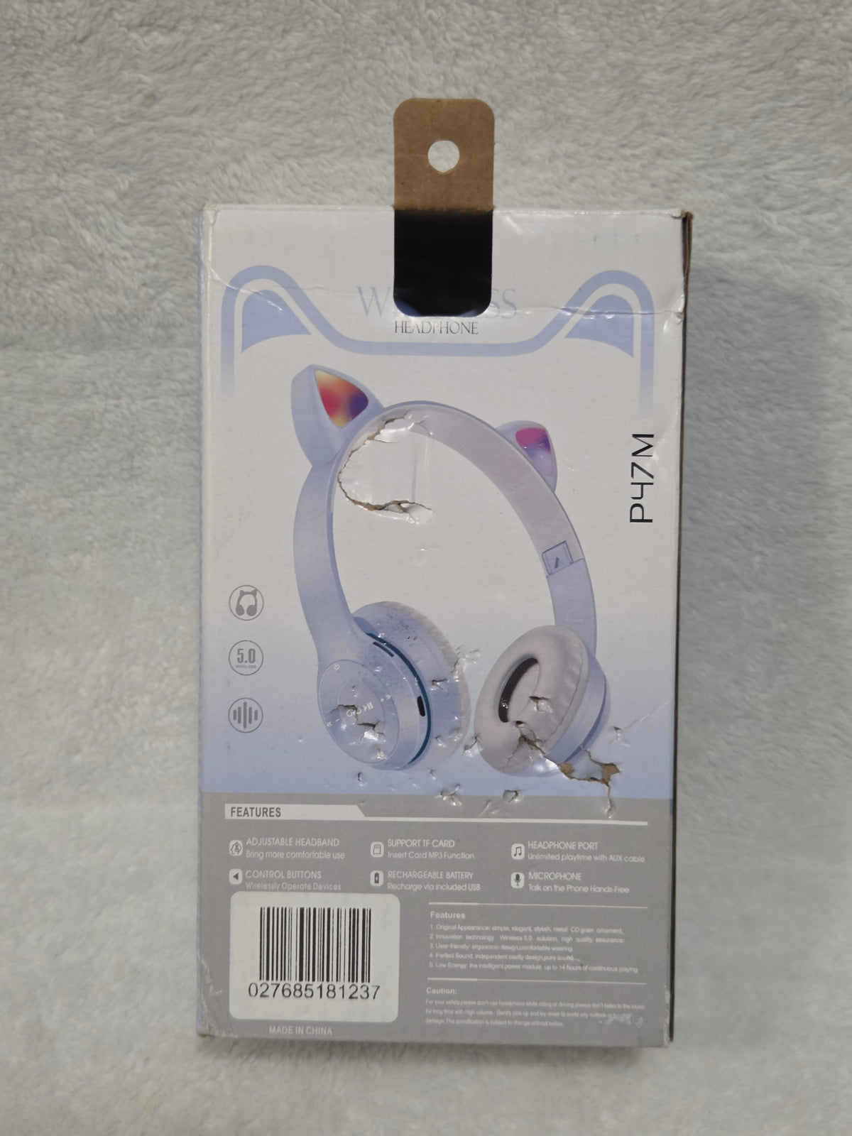 Cat Ear Wireless Headphone P47M Lavender — back of box with features
