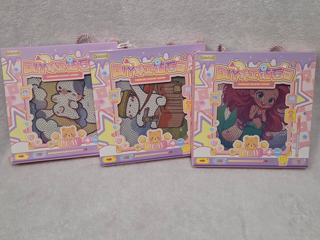 Rainbow DIY Diamond Painting Art Set — all three designs: Mermaid Princess, Adventure Bear, and Sparkle Kitty