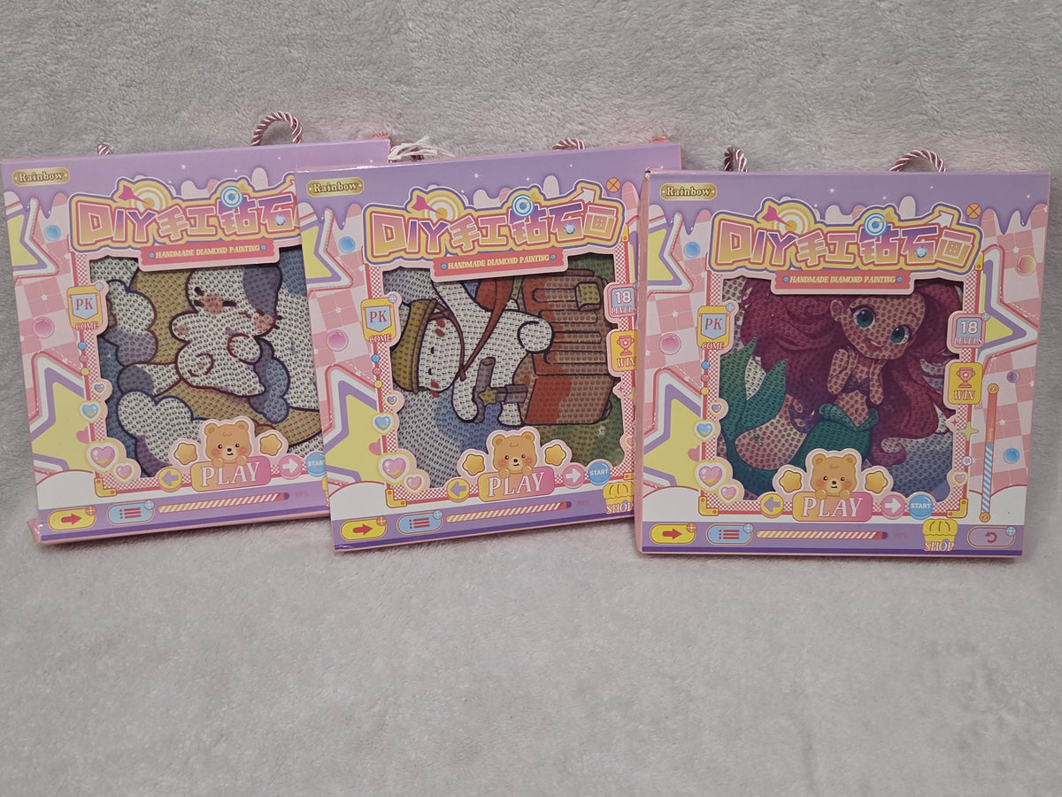 Rainbow DIY Diamond Painting Art Set — all three designs: Mermaid Princess, Adventure Bear, and Sparkle Kitty