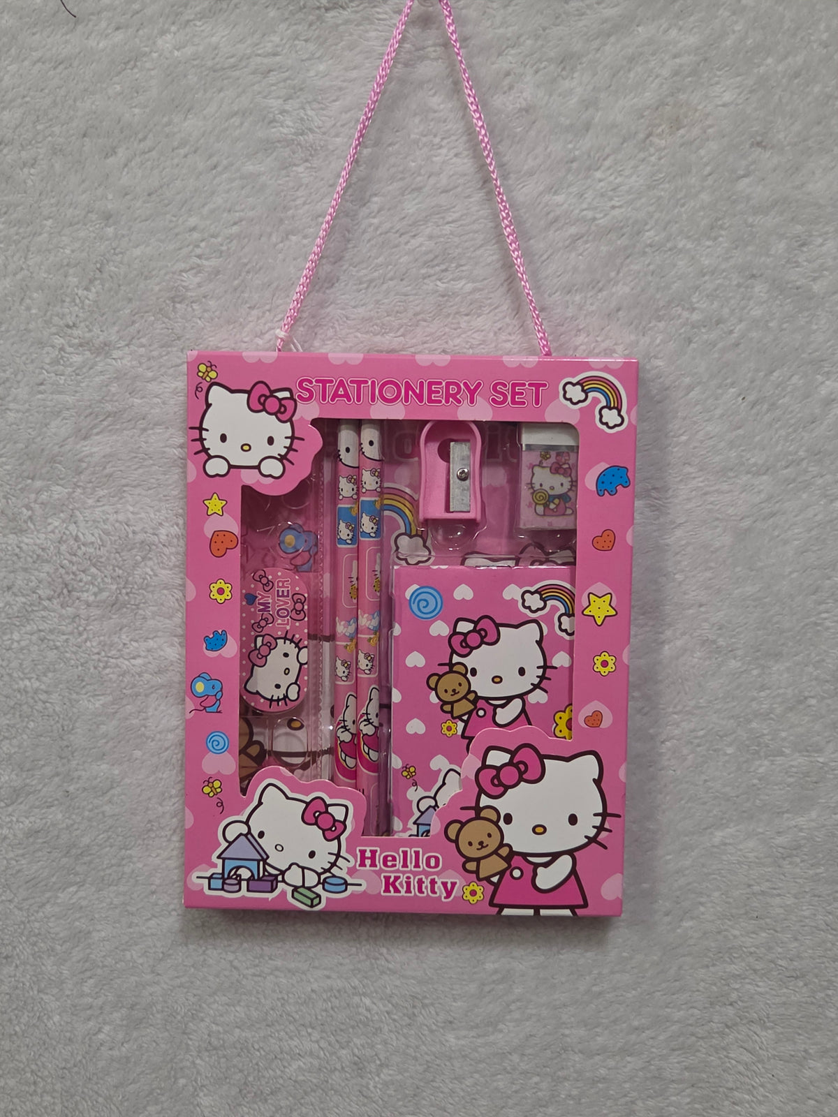 Hello Kitty Stationery Gift Set — front of pink window gift box showing all 5 pieces