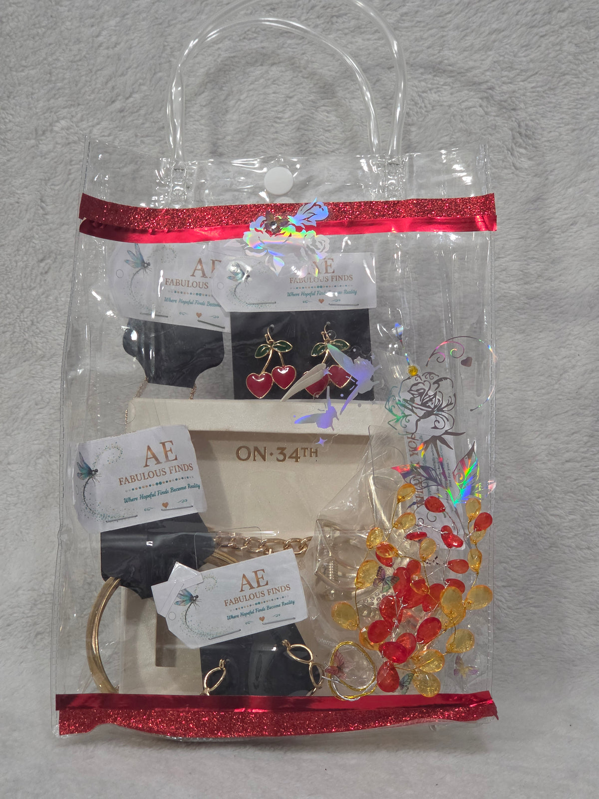 Jewelry Gift Bag — packed and assembled view showing contents through clear bag
