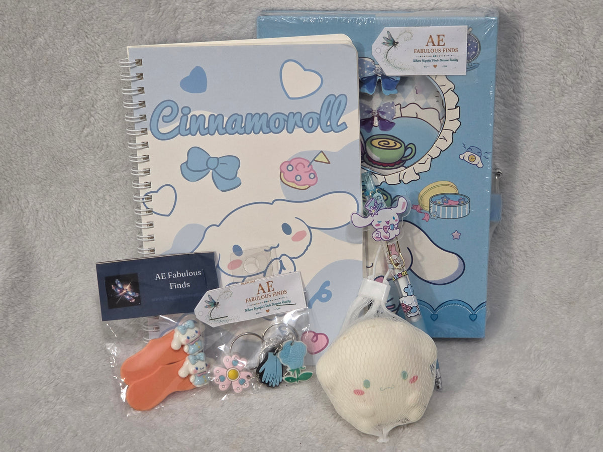 Cinnamoroll Dreams bag — all contents laid out showing notebook, latch journal, plush, hair clip, charm keychain and pen
