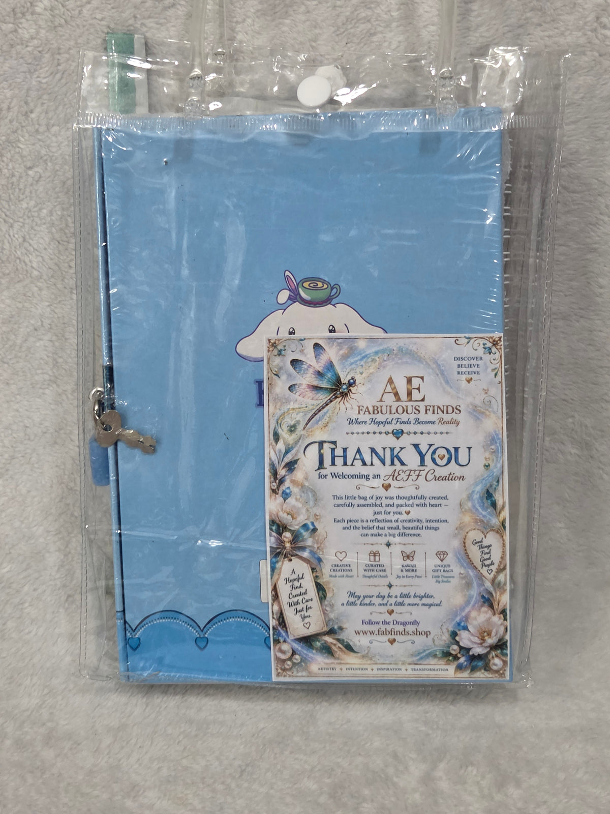 Cinnamoroll Dreams bag — sealed and packed with AEFF thank you card visible through front