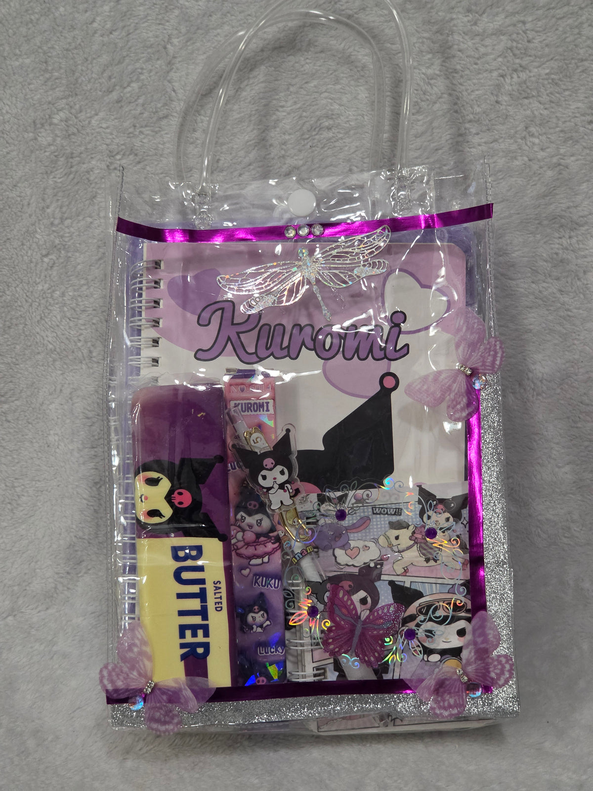 Kawaii Gift Bag Kuromi Dark Magic — front of assembled bag with silver glitter trim, purple butterflies and rhinestone dragonfly