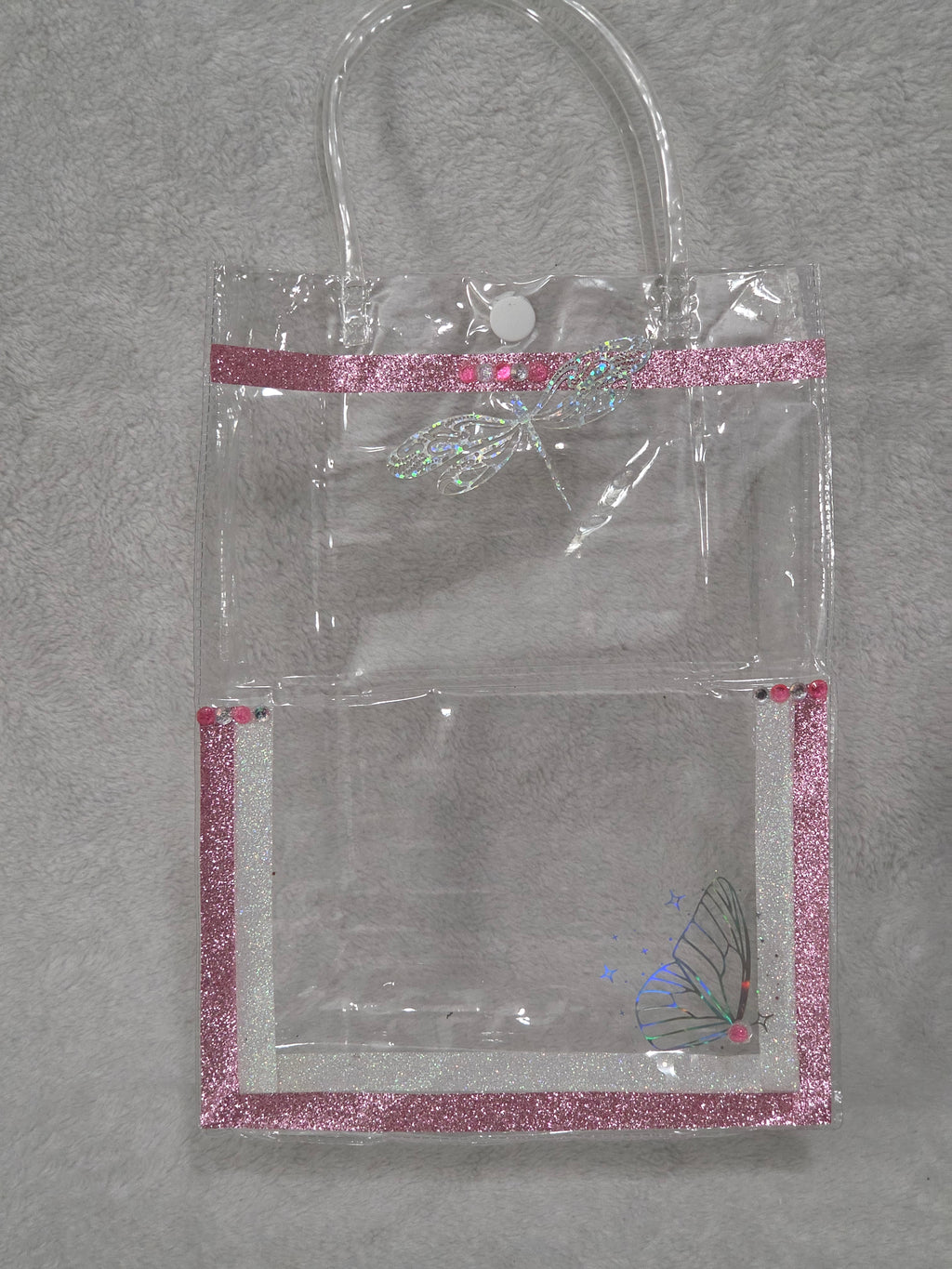Kawaii Gift Bag My Melody Happy Day — front of assembled bag with pink glitter trim and rhinestone dragonfly