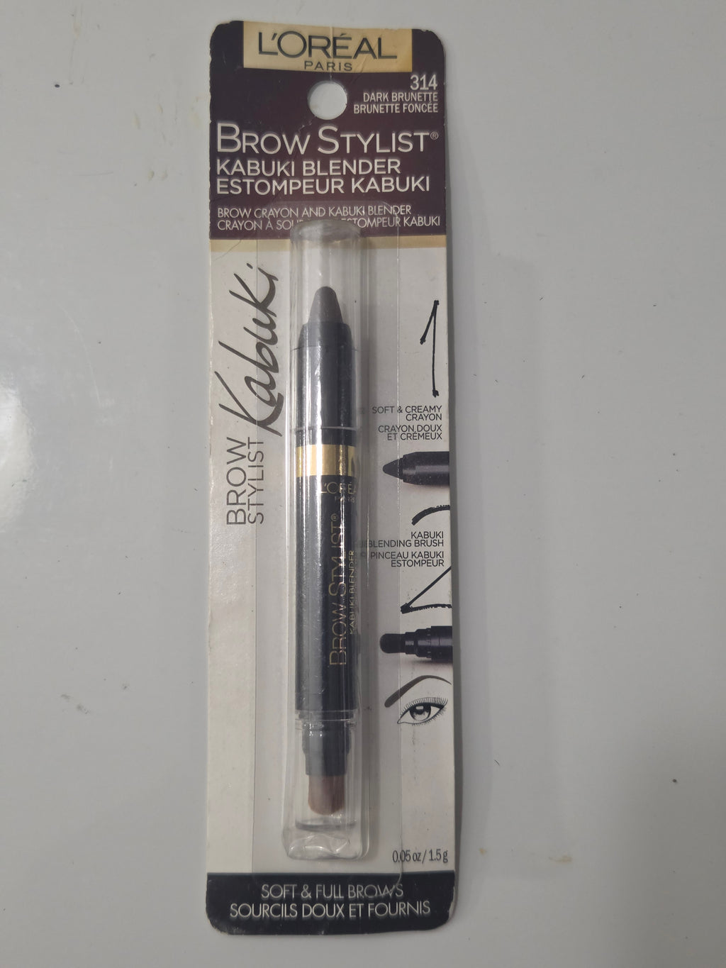 L’Oréal Brow Stylist Kabuki Blender back packaging with directions ingredients and warnings