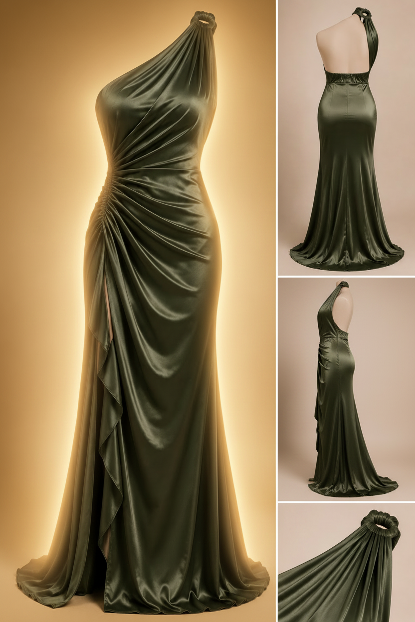 Olive Satin Gown — Golden Background