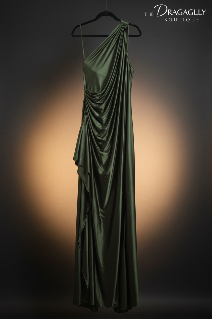 Olive Satin One-Shoulder Gown — Front