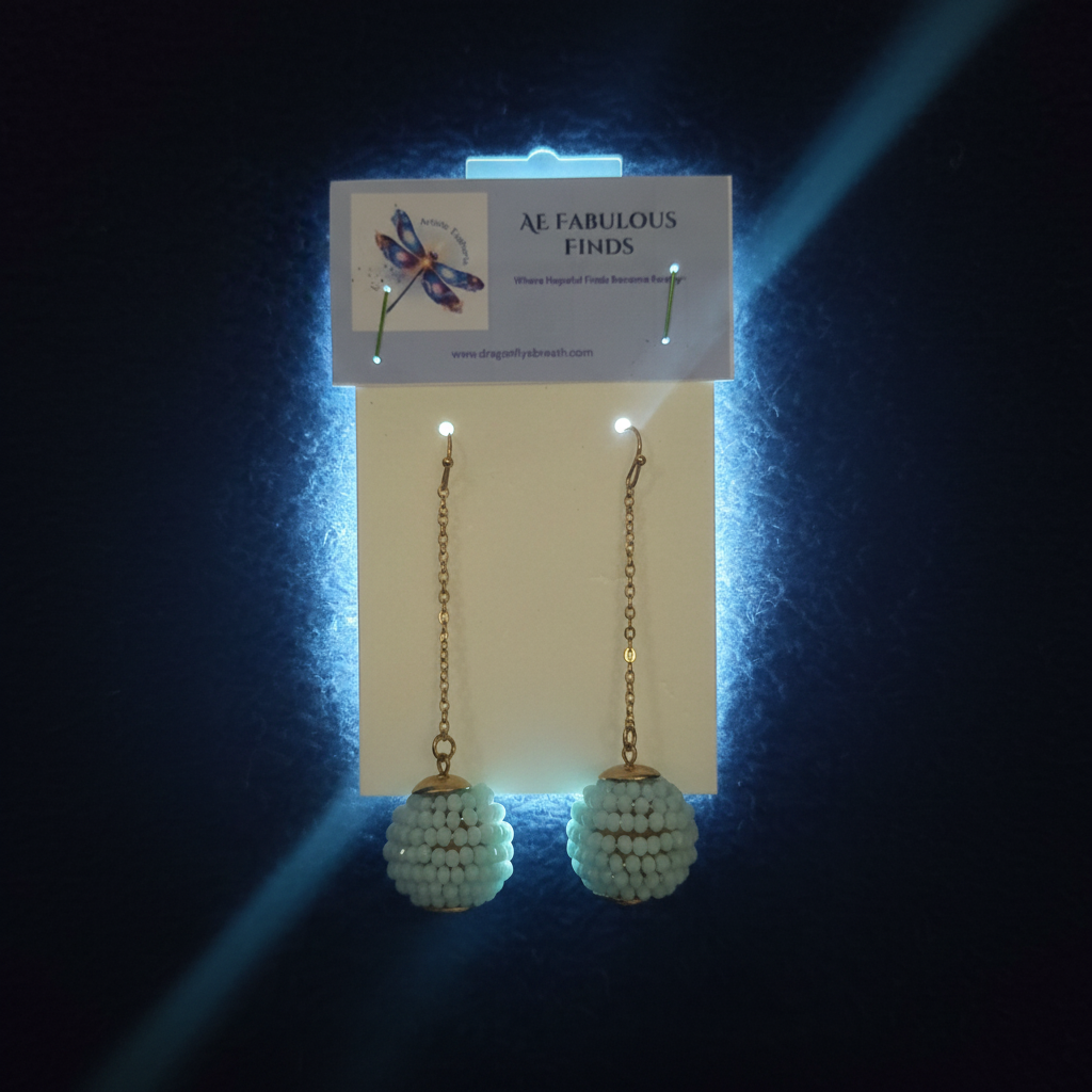Sky Blue Micro-Beaded Ball Drop Chain Earrings — AEFF Editorial